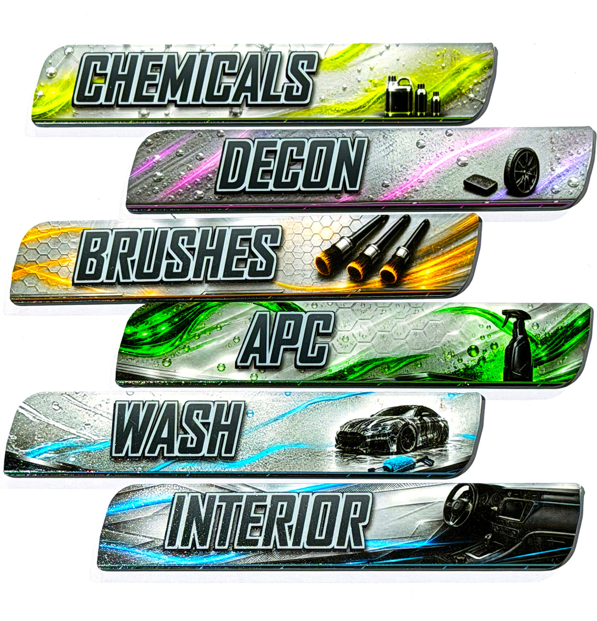 UV-printed detailing badges