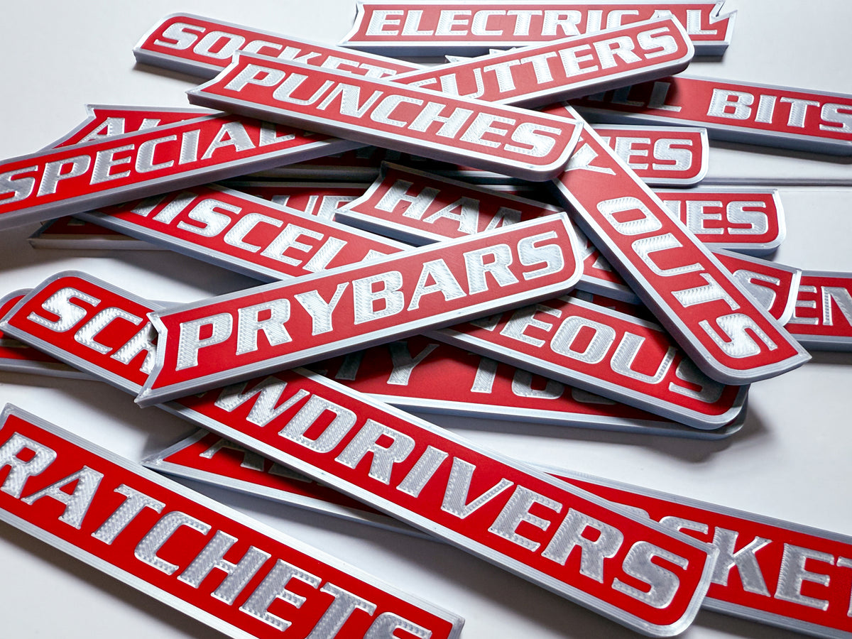 Silver and red magnetic toolbox labels