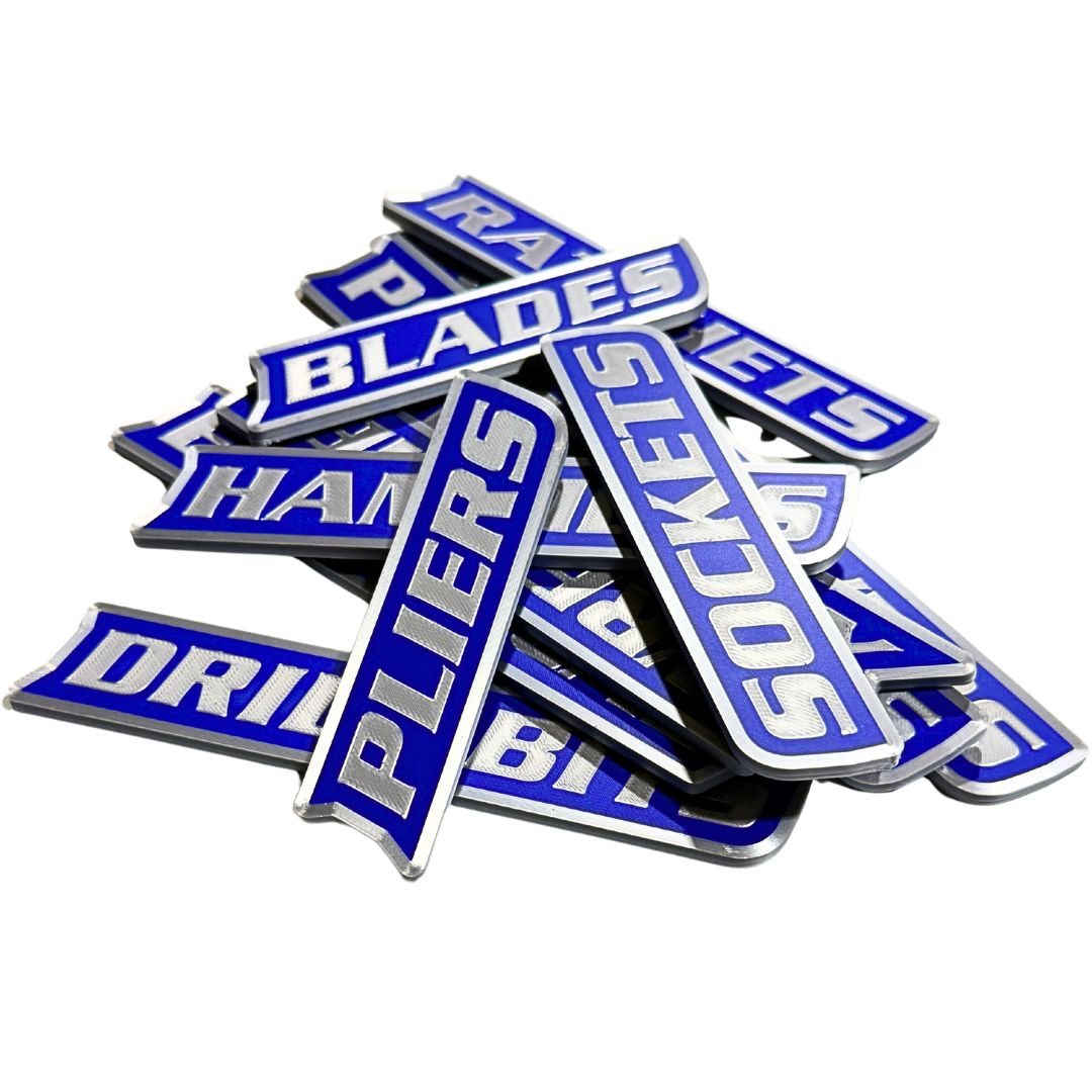Silver and blue magnetic toolbox labels