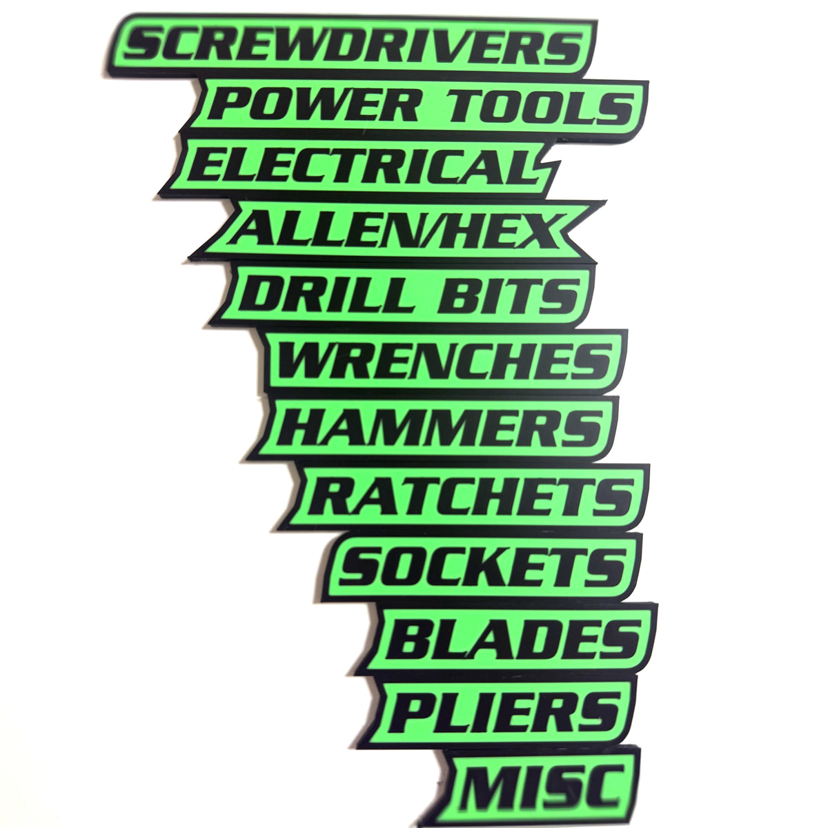 Black and lime green magnetic toolbox labels