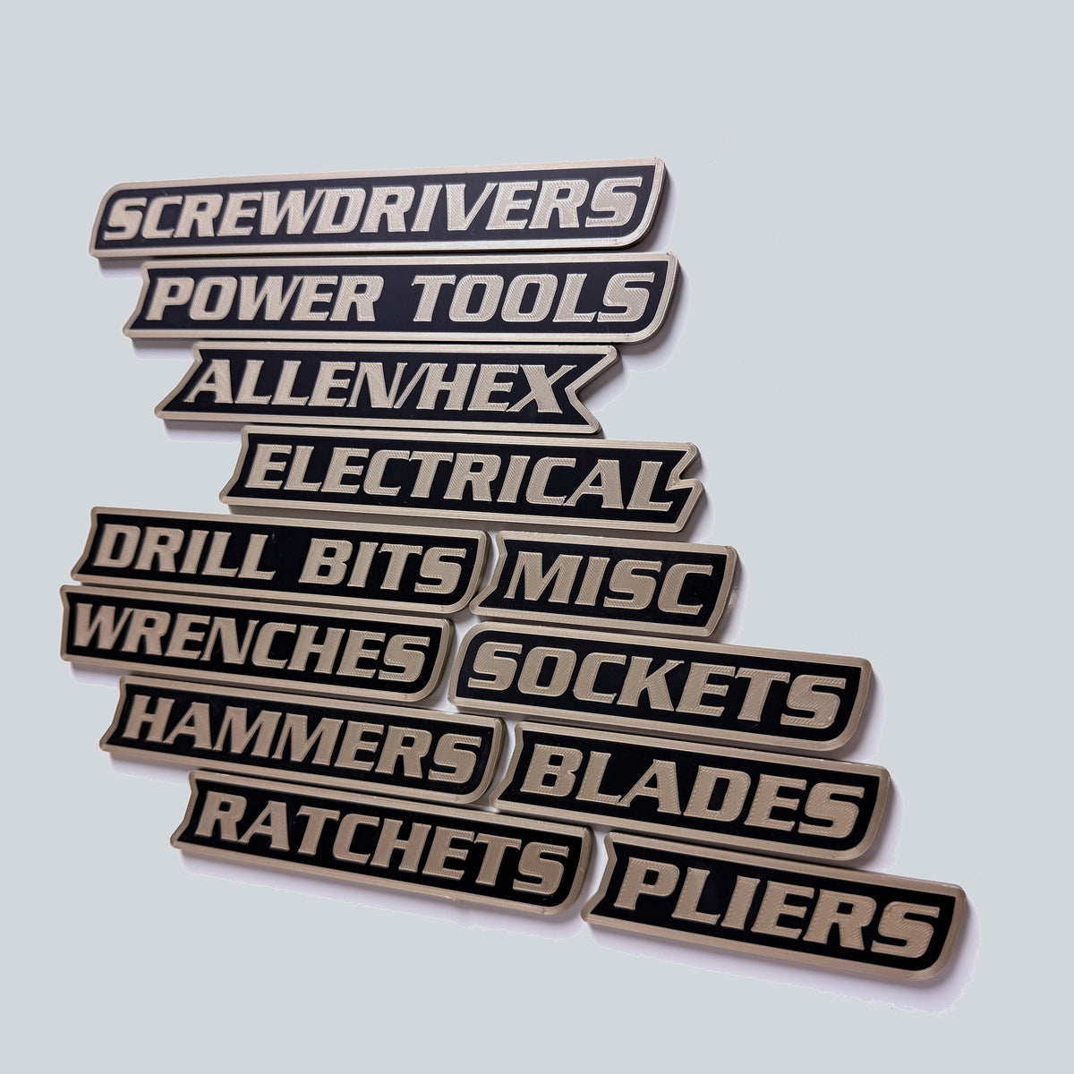 Bronze and black magnetic toolbox labels