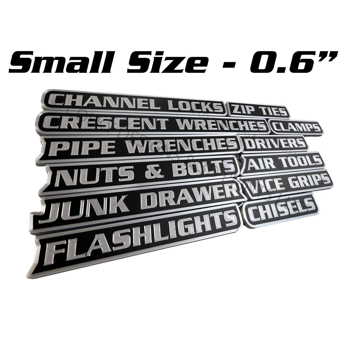 Small toolbox labels on a shallow drawer