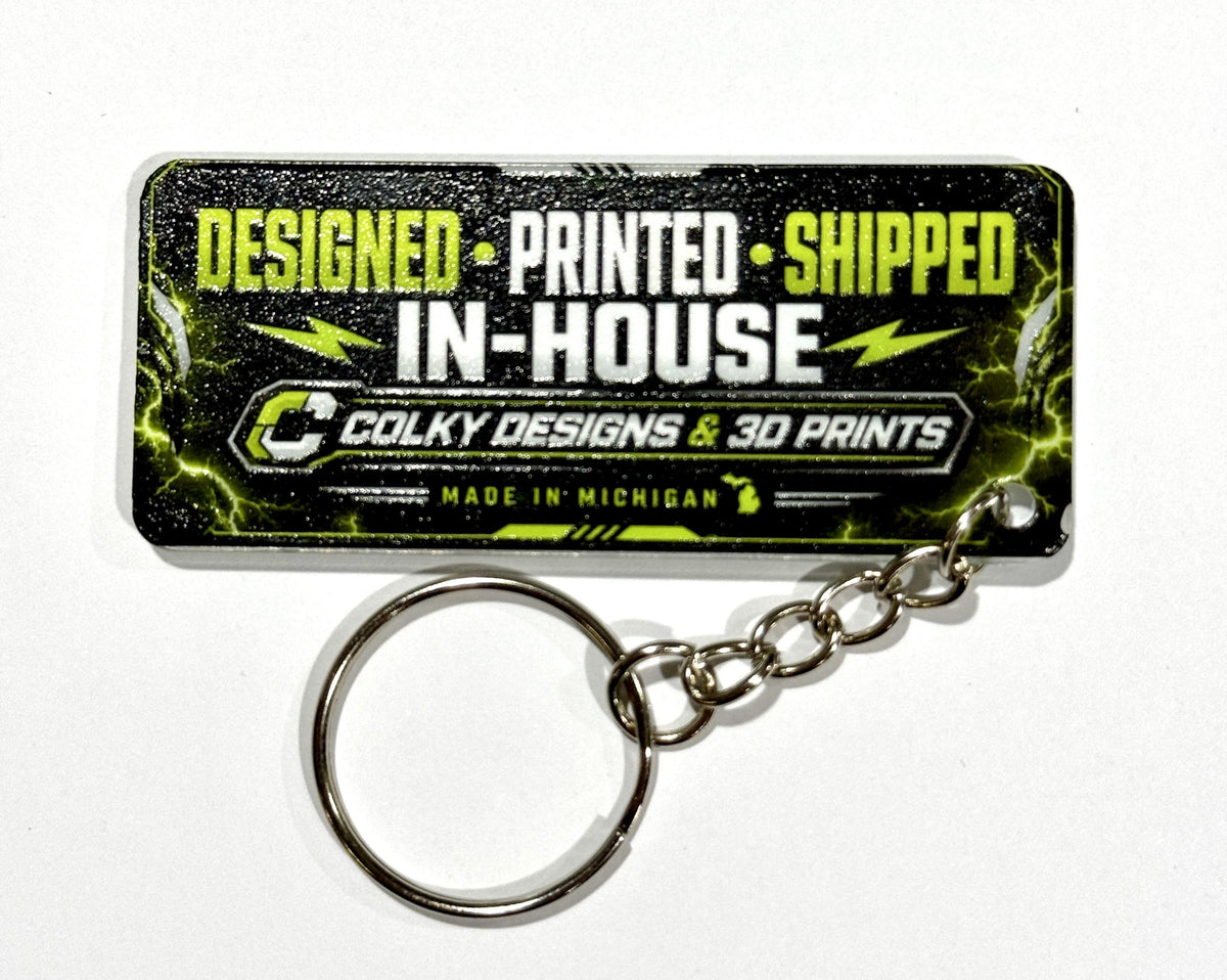 UV-printed clear acrylic keytag, 70 x 30 mm, with chain and split ring