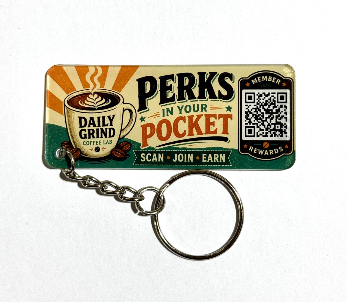 Acrylic keytag sample with QR code and full-color artwork