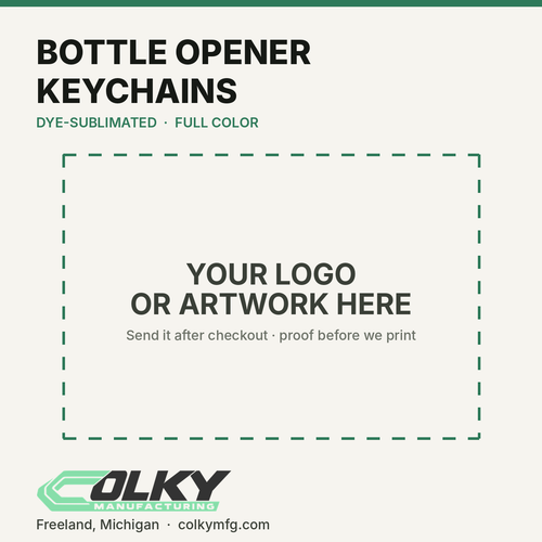 Custom Logo Bottle Opener Keychains – Full Color - your logo or artwork here, placeholder until a printed sample is photographed