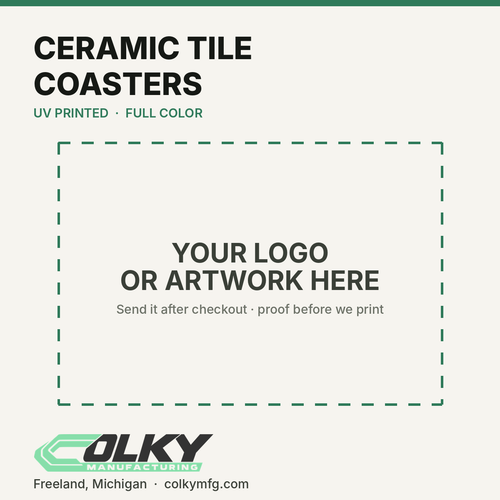 Custom Logo Ceramic Tile Coasters – 4 in (Square or Round) - your logo or artwork here, placeholder until a printed sample is photographed