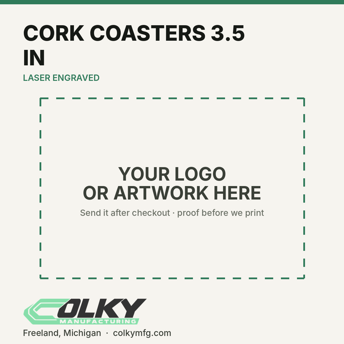 Laser-Engraved Cork Coasters – 3.5 in Round - your logo or artwork here, placeholder until a printed sample is photographed