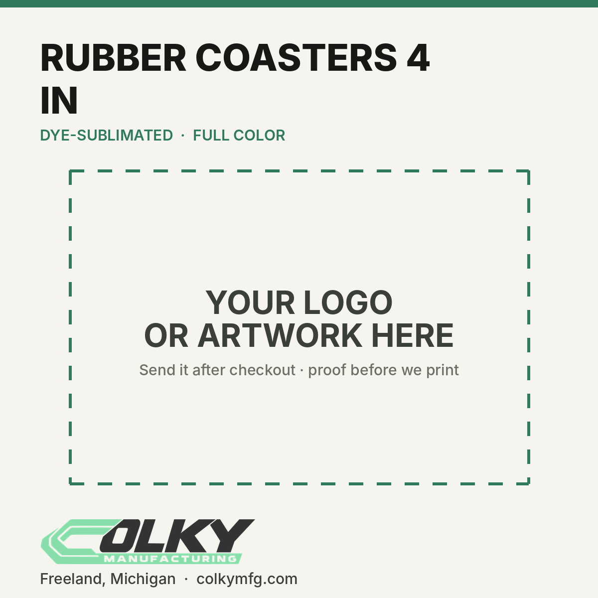 Custom Logo Coasters – Rubber, 4 in (Square or Round) - your logo or artwork here, placeholder until a printed sample is photographed