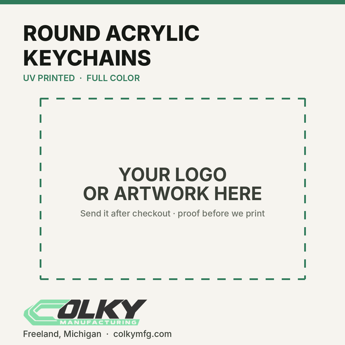 Custom Logo Round Acrylic Keychains – 2 in - your logo or artwork here, placeholder until a printed sample is photographed