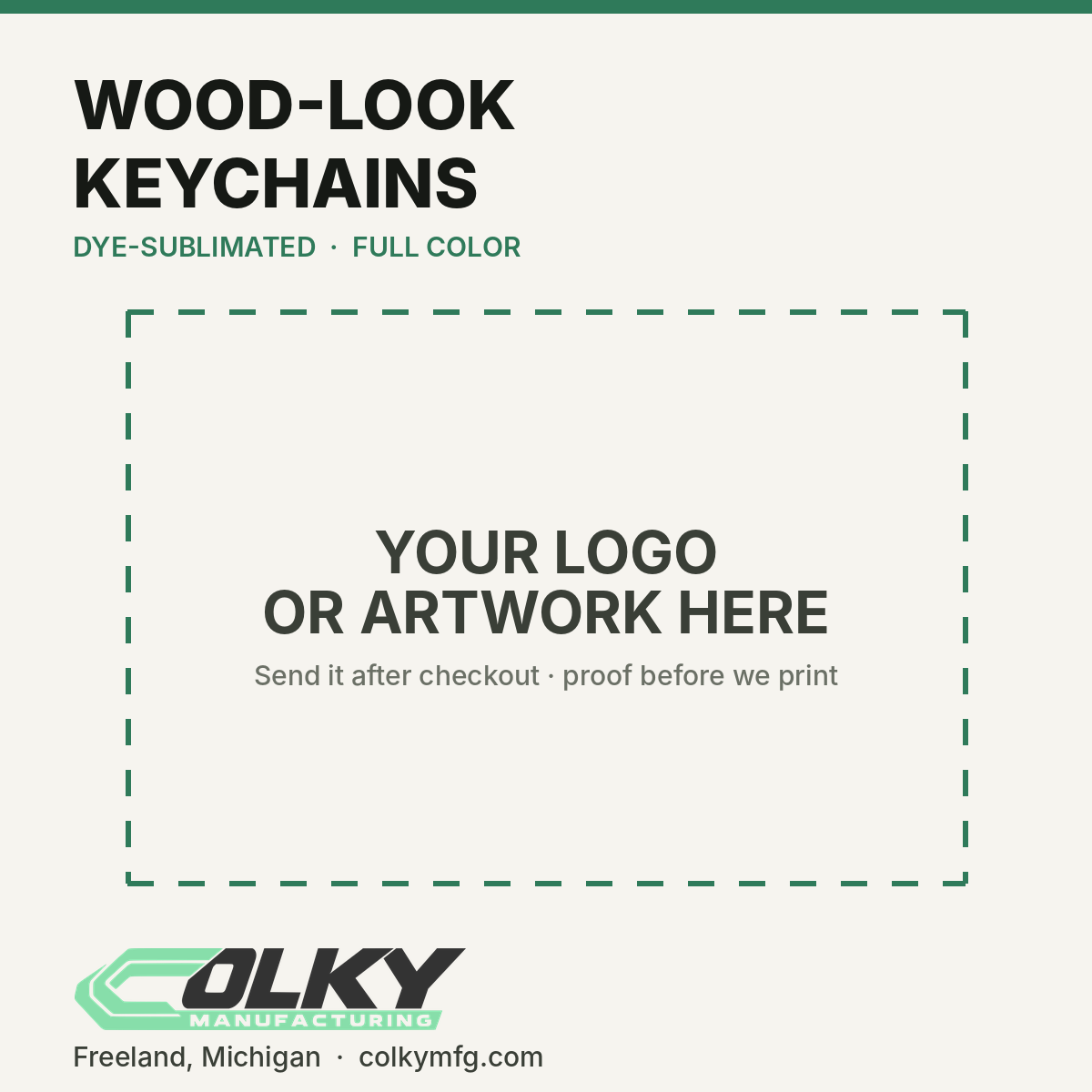 Custom Logo Wood-Look Keychains – Rectangle, Full Color - your logo or artwork here, placeholder until a printed sample is photographed