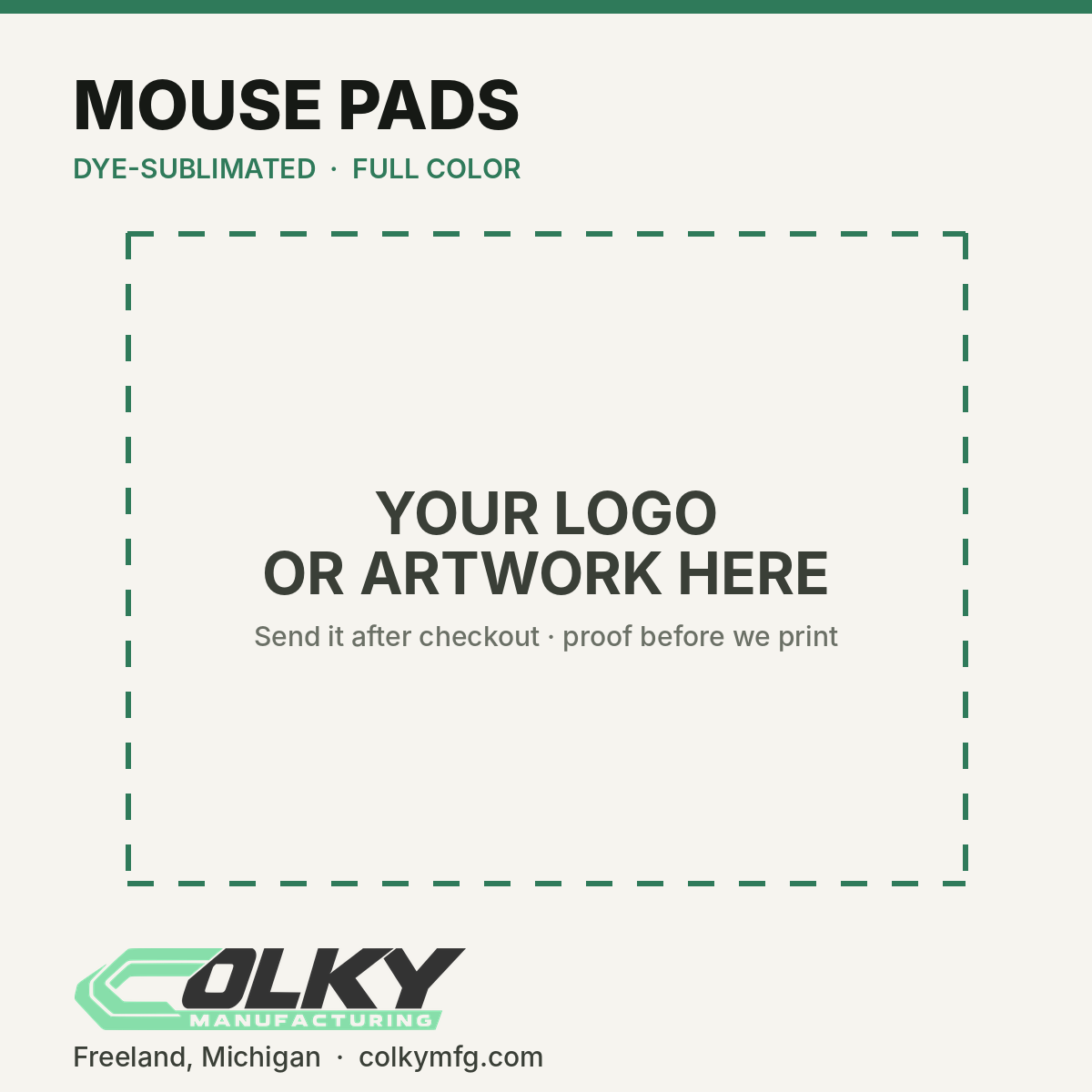 Custom Mouse Pads – Full Color, Your Logo or Photo - your logo or artwork here, placeholder until a printed sample is photographed