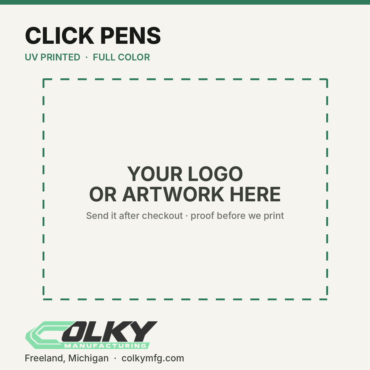Custom Logo Click Pens – White Barrel, Full Color - your logo or artwork here, placeholder until a printed sample is photographed