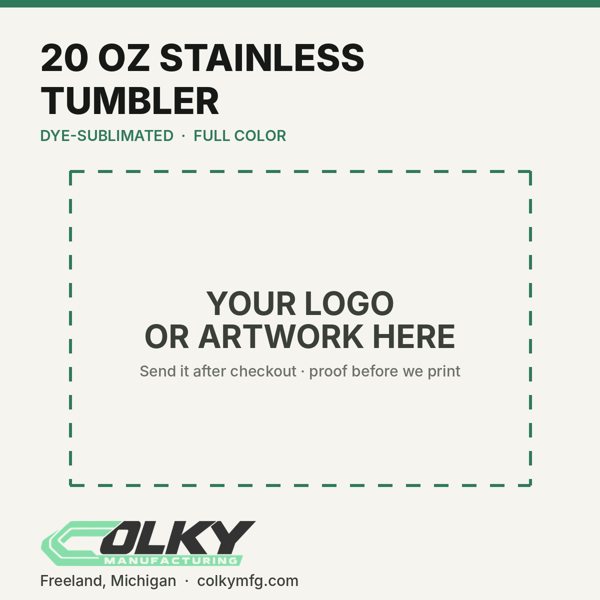 Custom Logo 20 oz Stainless Sport Tumbler - your logo or artwork here, placeholder until a printed sample is photographed
